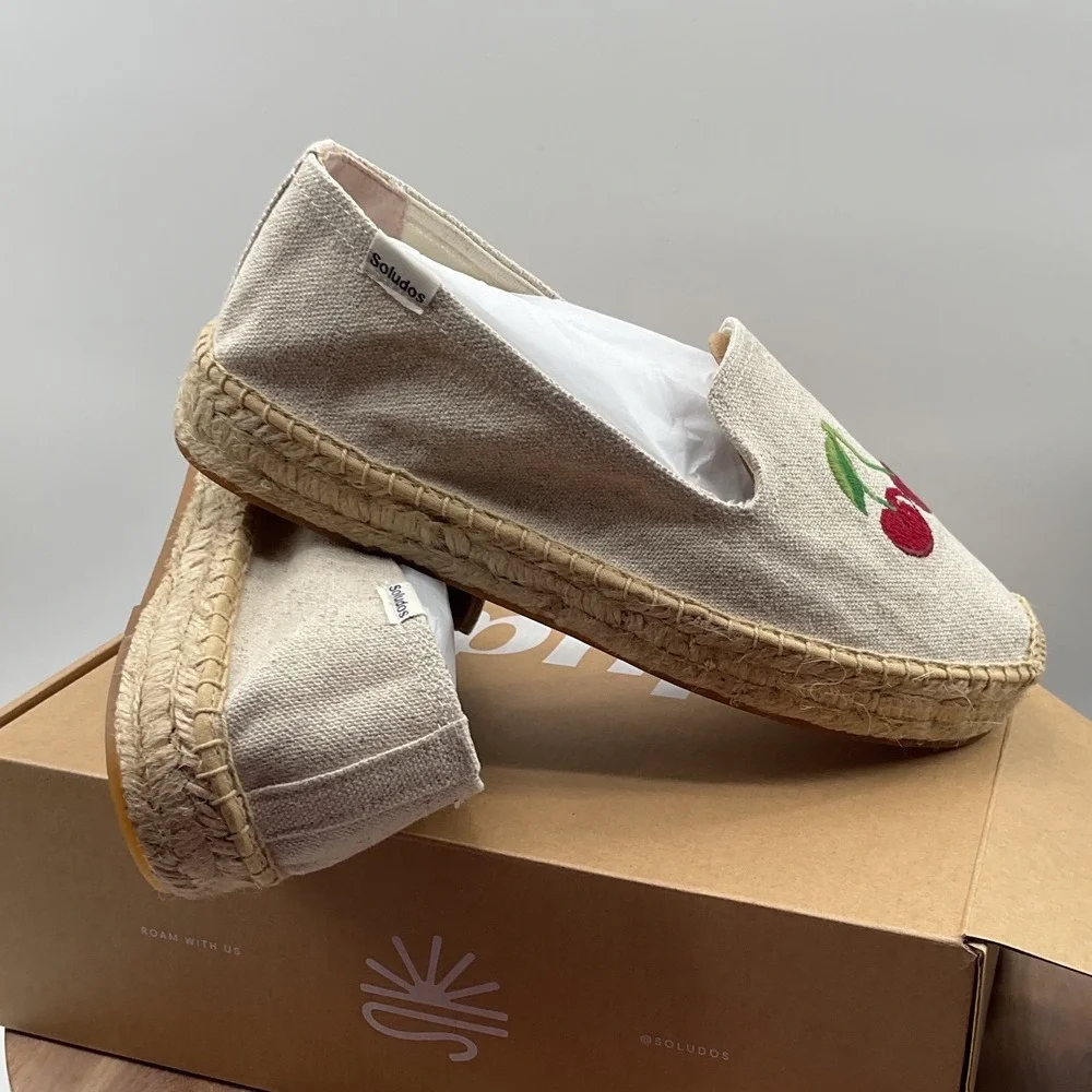 Soludos Cherry On Top Platform Espadrille Sand Linen Embroidered Shoes Womens 9